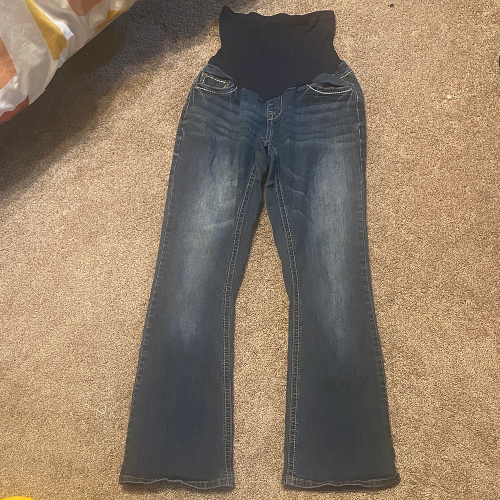 Indigo Blue Dark Wash Maternity Bootcut Jeans with Black Stretch Panel